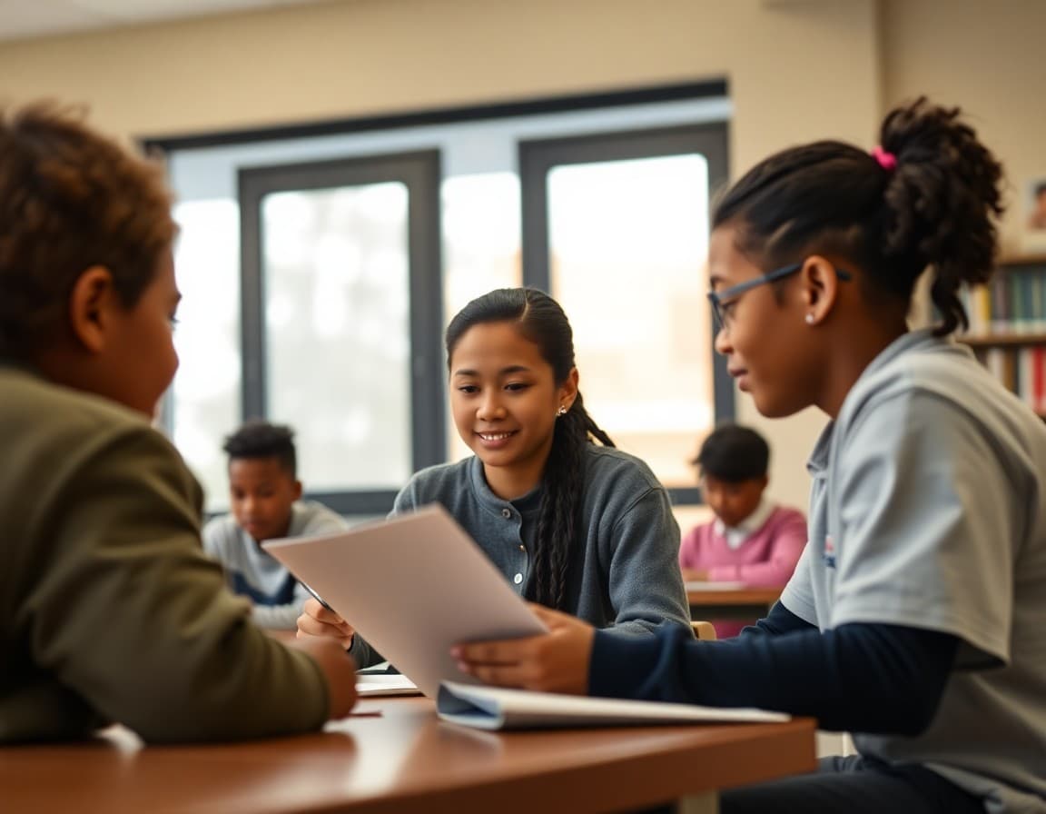 Volunteer from a community partner organization tutoring students after school at a library