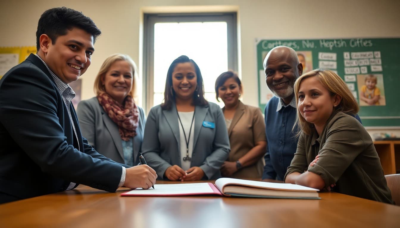 Community organization representatives and district staff signing a partnership agreement at a school