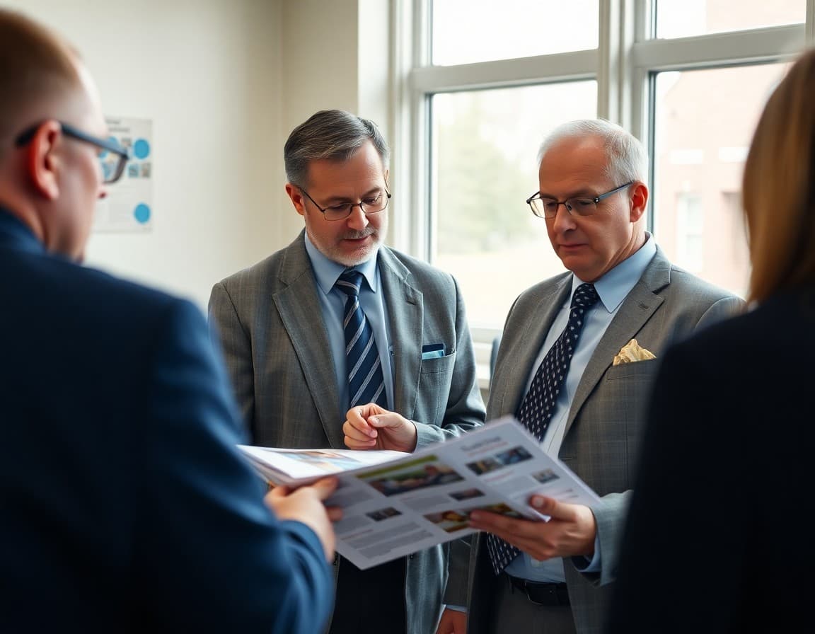 Superintendent flipping through the printed district annual community report with staff