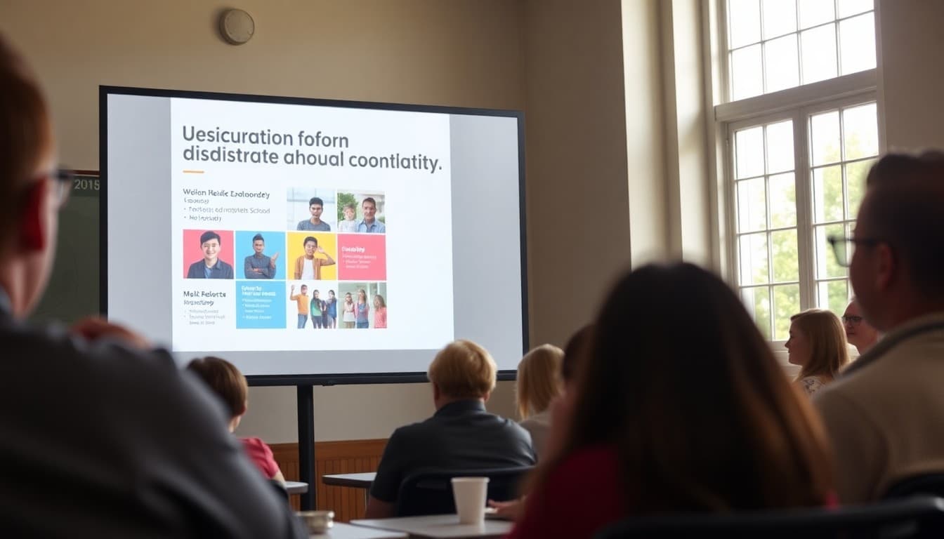 District community annual report displayed on a screen at a public presentation event