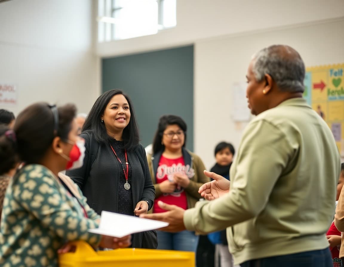 Community school coordinator meeting with families and partner organizations at a school community fair