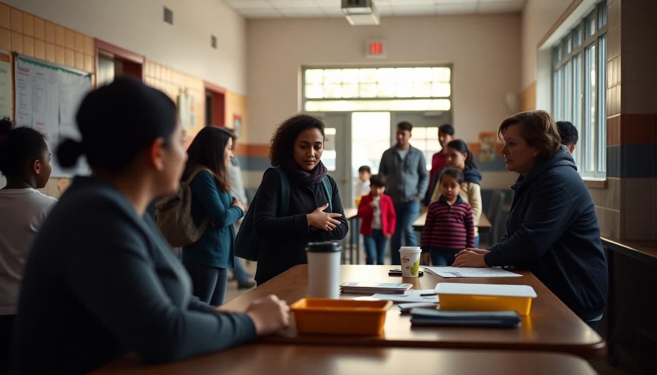 Community school hub with families accessing services in a school building after-hours