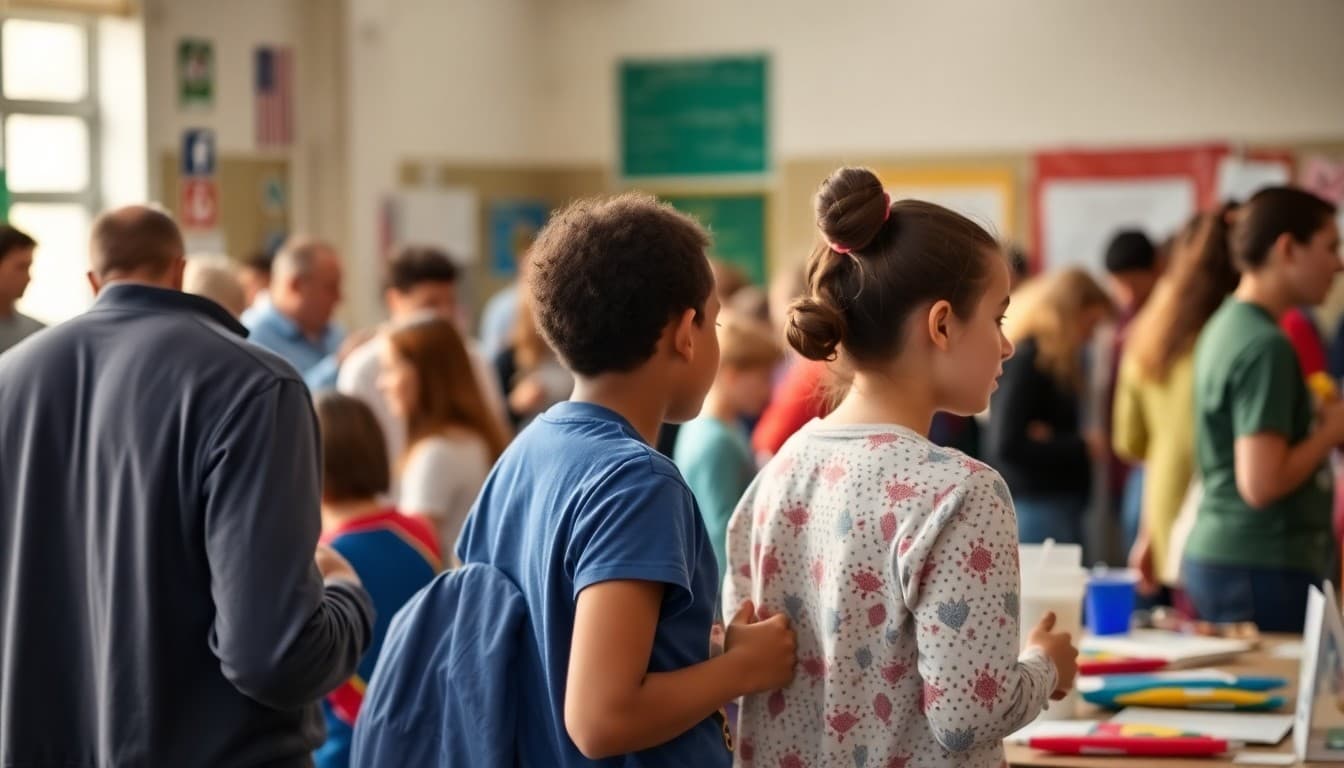 Families and community members gathered at a school evening event with tables of resources and activities