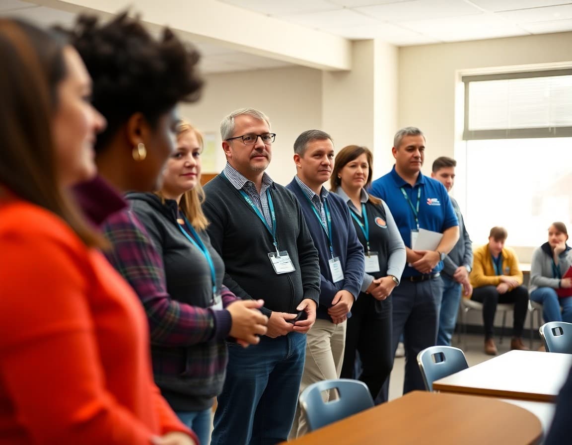 Group of business volunteers and district staff at a career exploration day event in a school