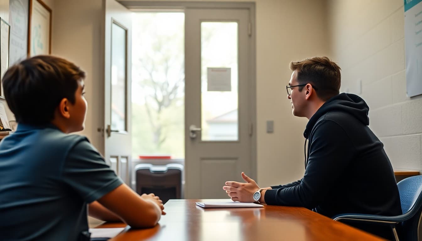 School counselor in a welcoming office meeting with a student while the door is open