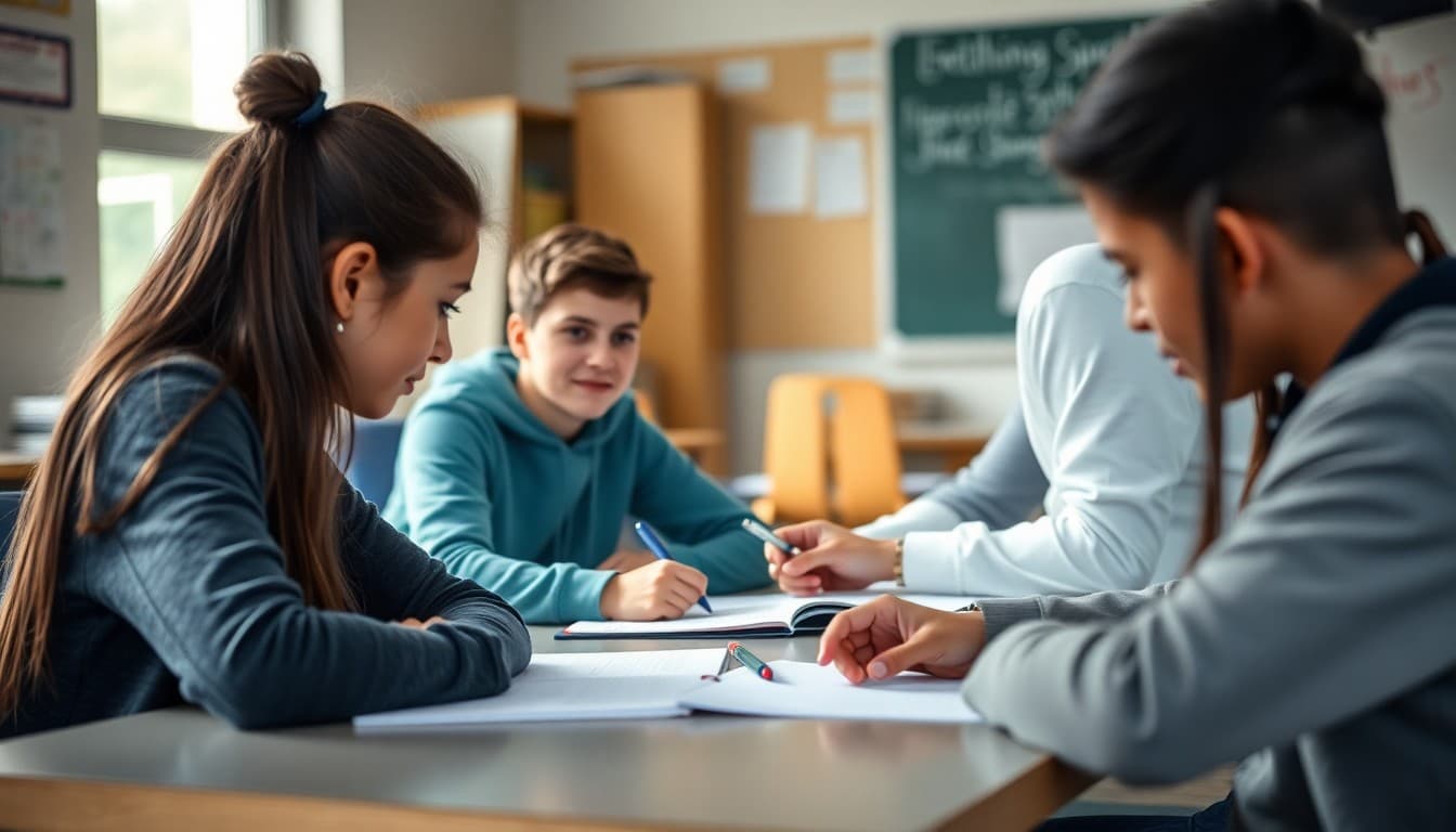 Teacher working with a small group of students at a tutoring table in a recovery support program