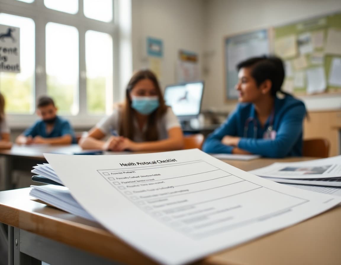 Health protocol checklist document on a desk next to a school nurse and parent communication materials