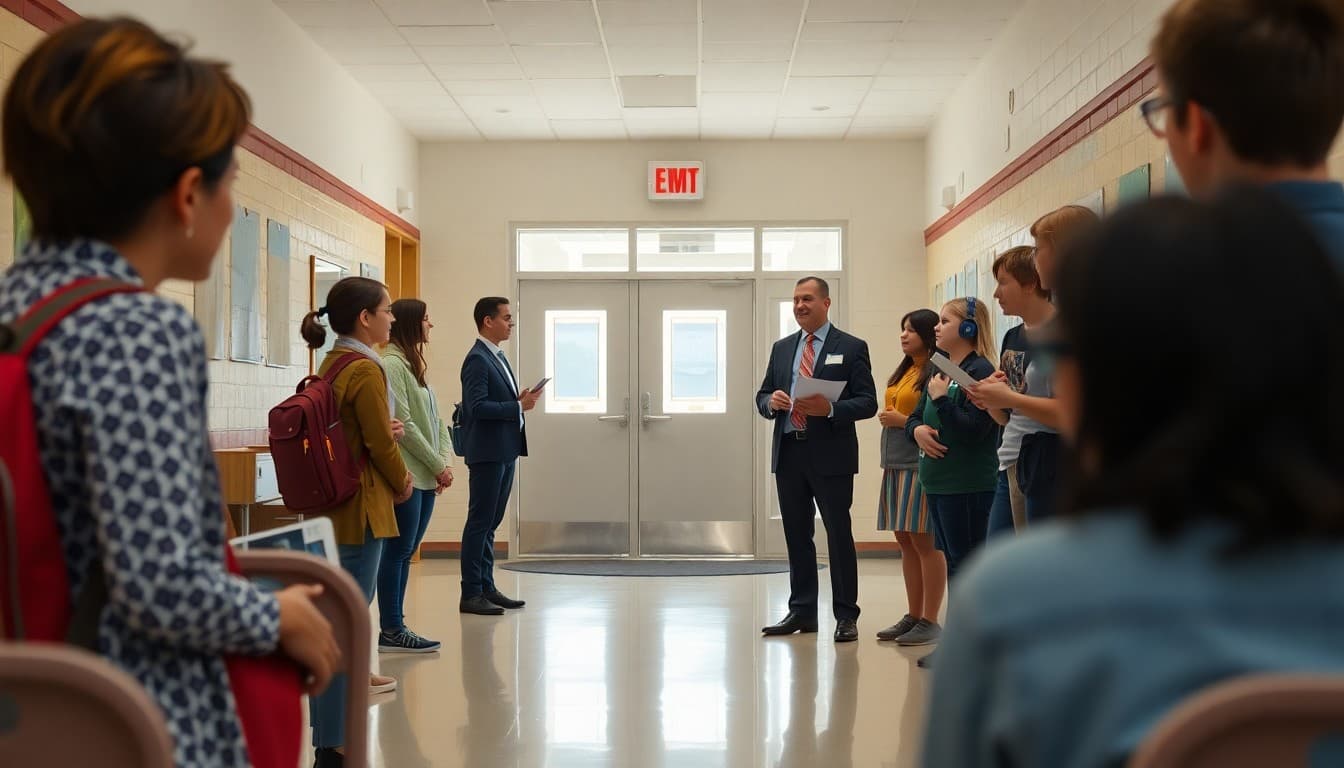 School staff reviewing updated health and safety protocols at the entrance of an elementary school