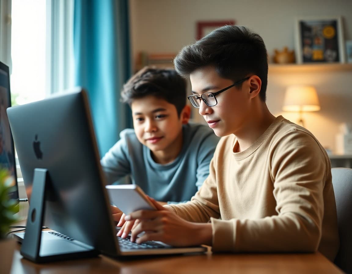 Parent and student reviewing safe digital habits together at a home computer