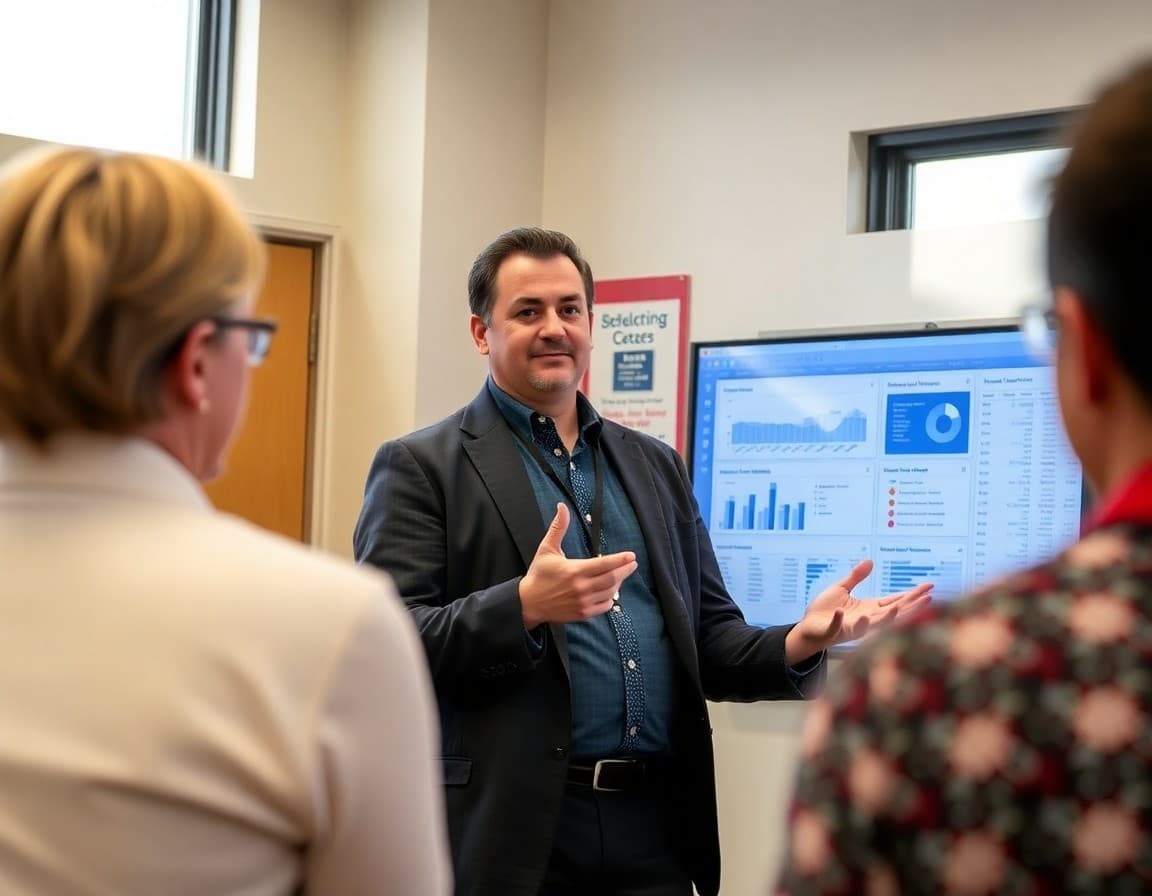 District administrator demonstrating the new data dashboard at a community information session