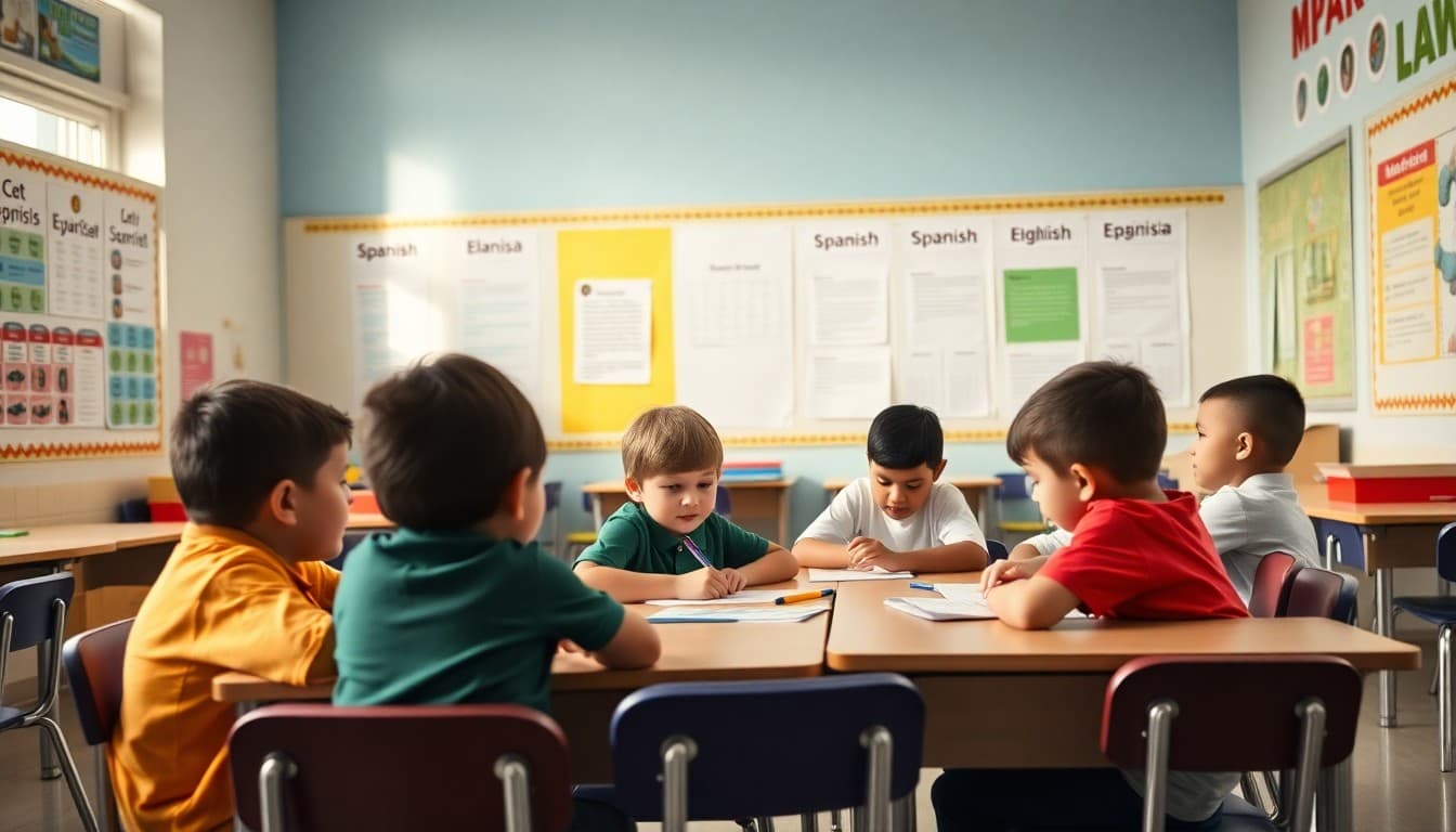 Elementary students working in groups in a bilingual classroom with Spanish and English materials posted on the walls