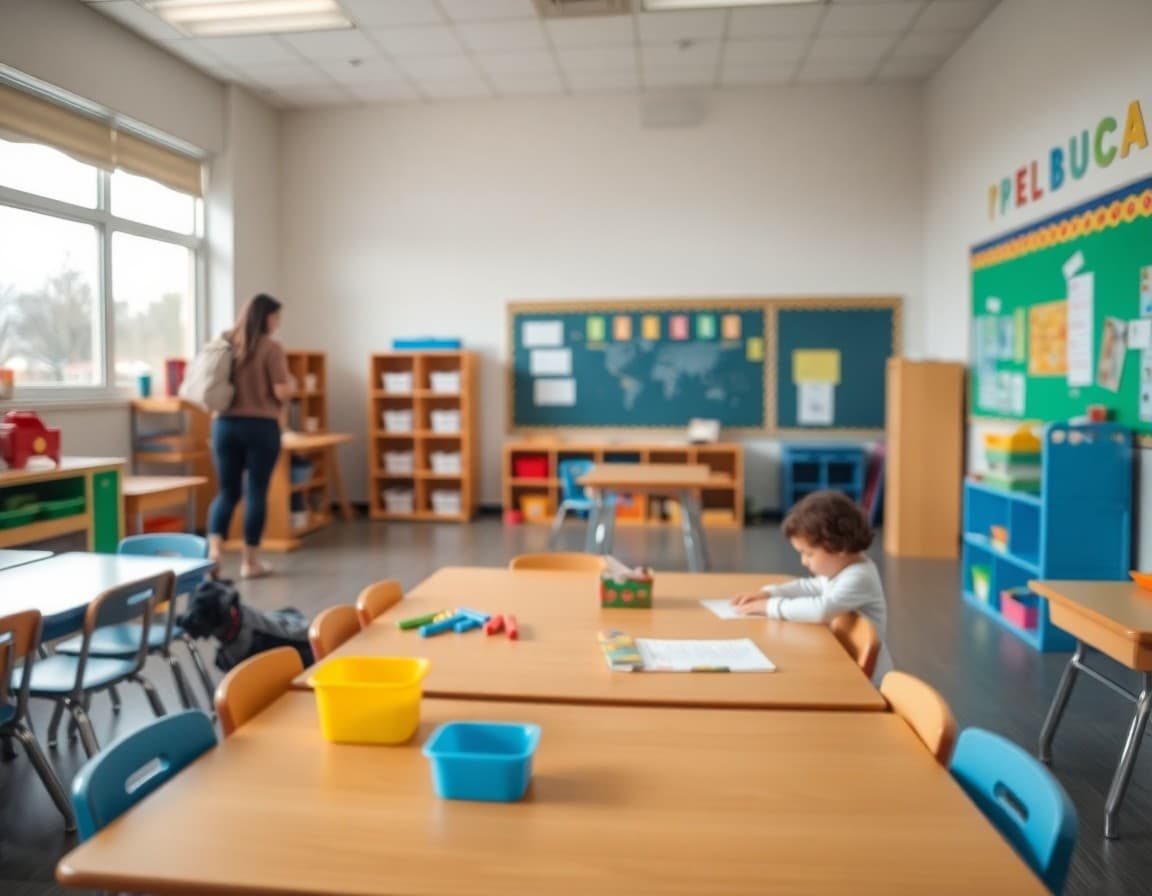 New district pre-K classroom setup with learning centers and early childhood materials ready for students