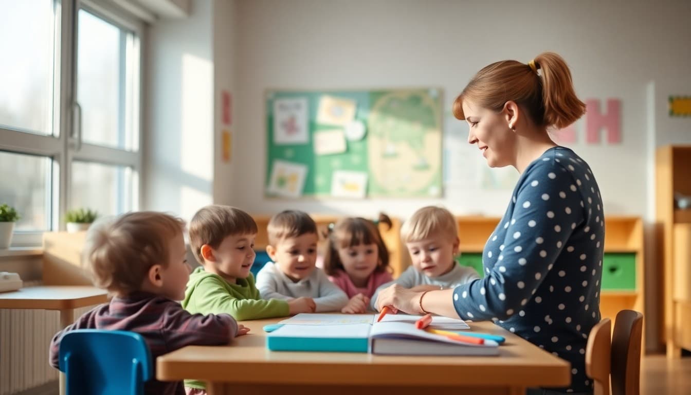 Preschool children engaged in a learning activity with their teacher in a bright early childhood classroom