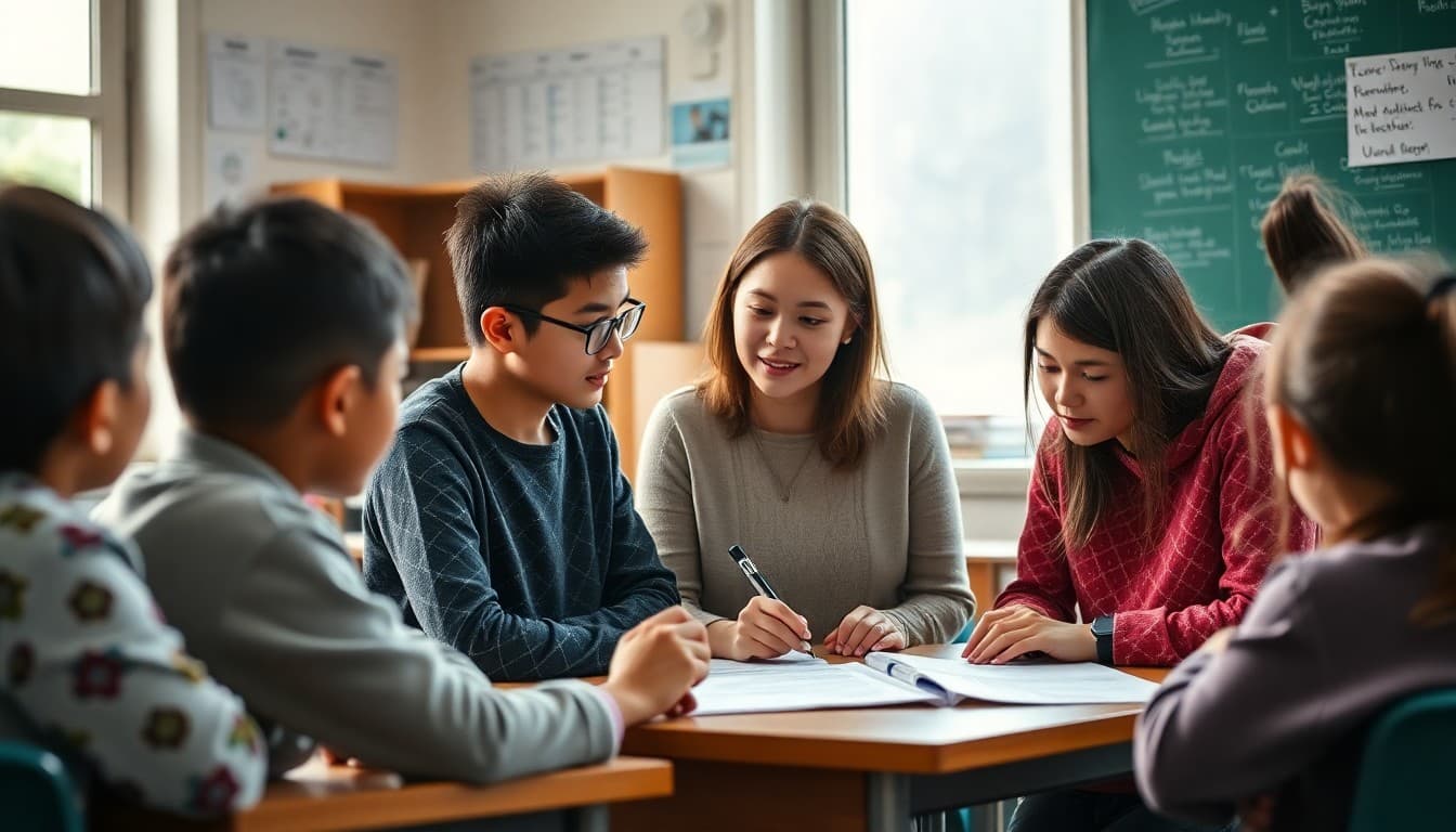 ESL teacher working in a small group with multilingual students using visual vocabulary supports