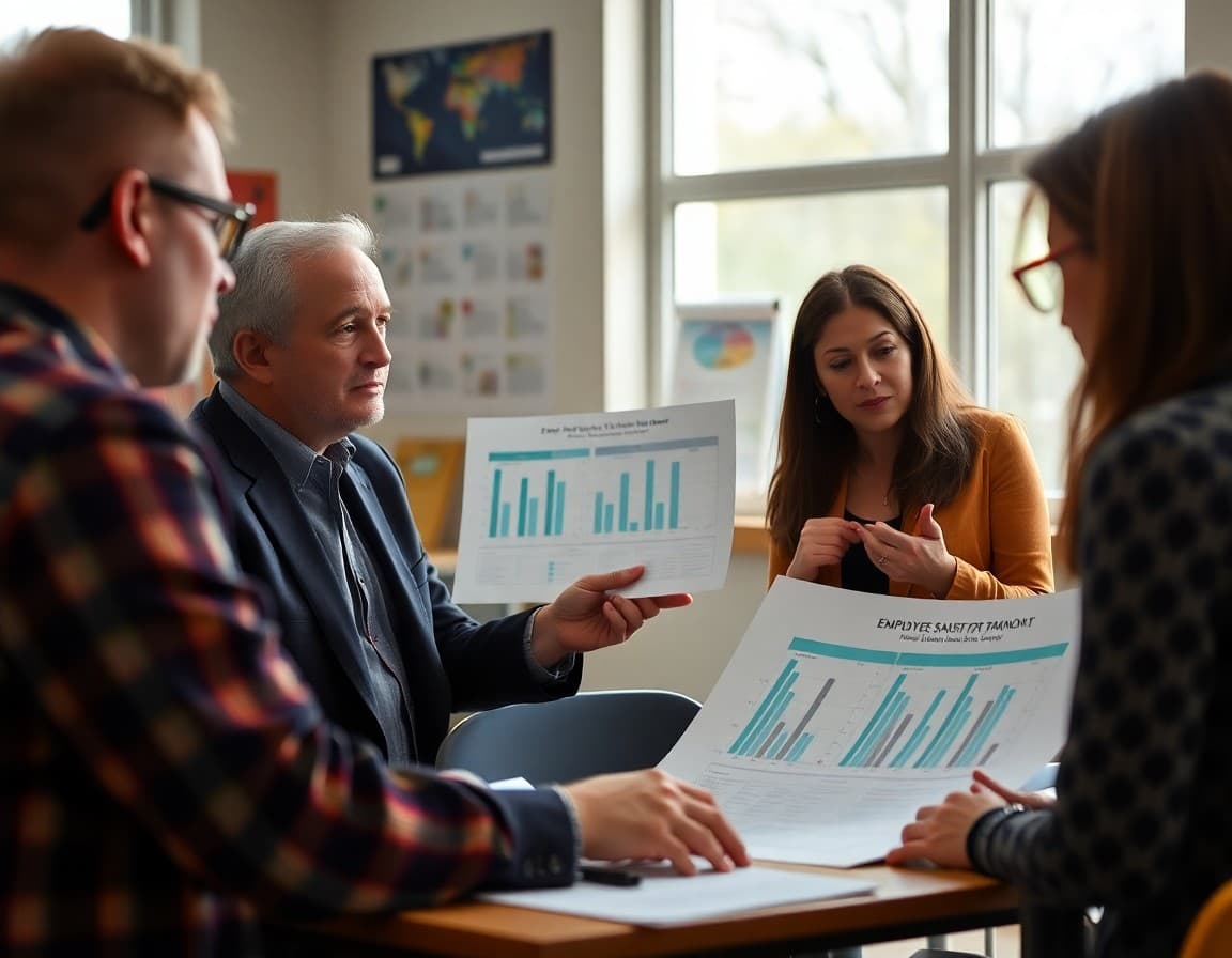 District HR director reviewing charts of employee satisfaction data from an annual survey