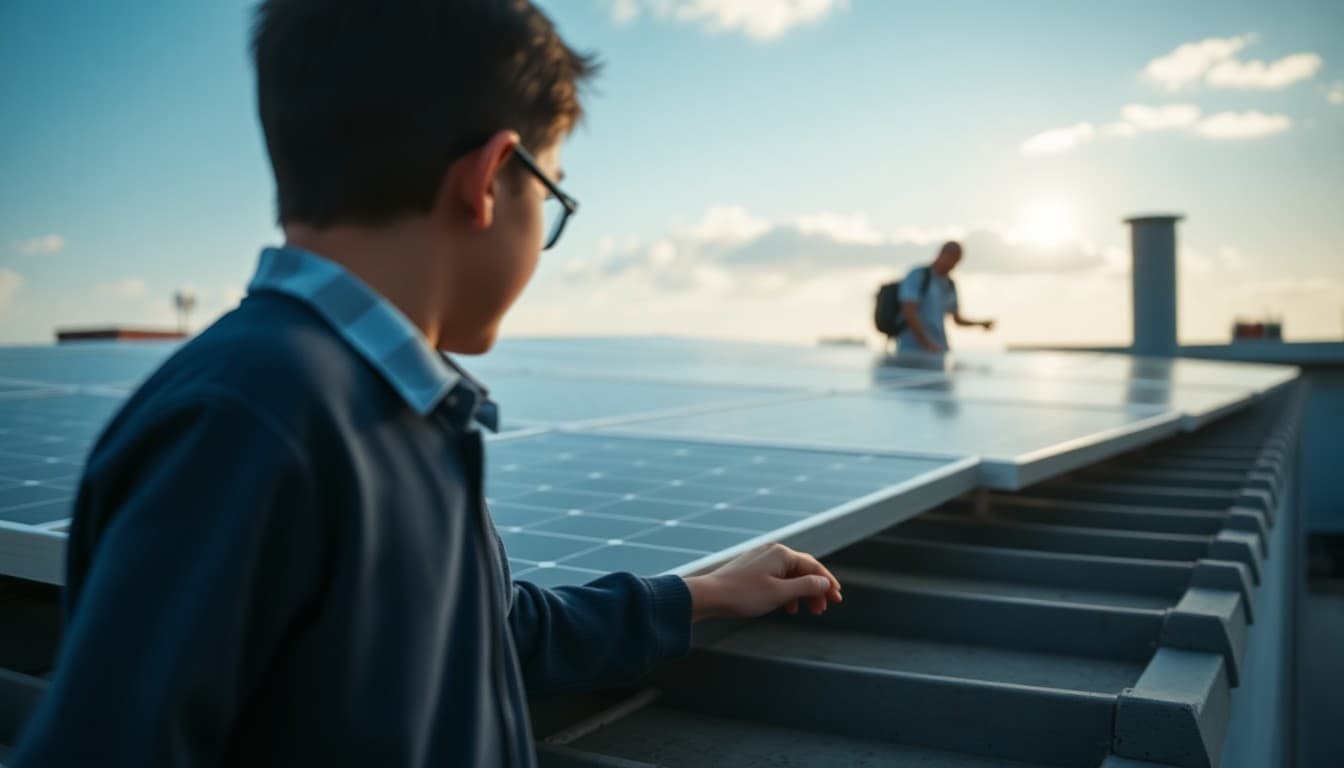 Solar panels installed on a school rooftop as part of a district energy savings initiative