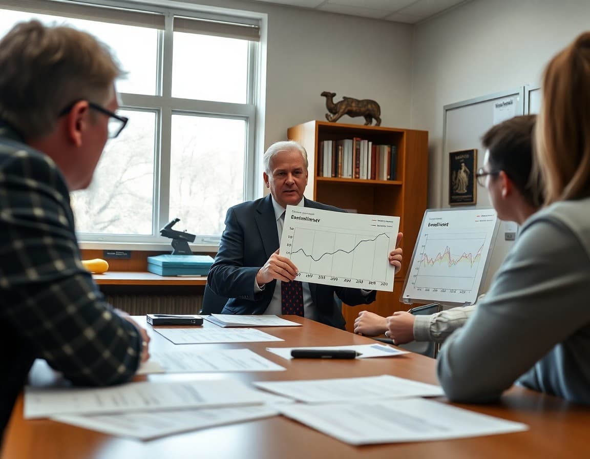 Superintendent in a planning meeting reviewing district enrollment trend charts