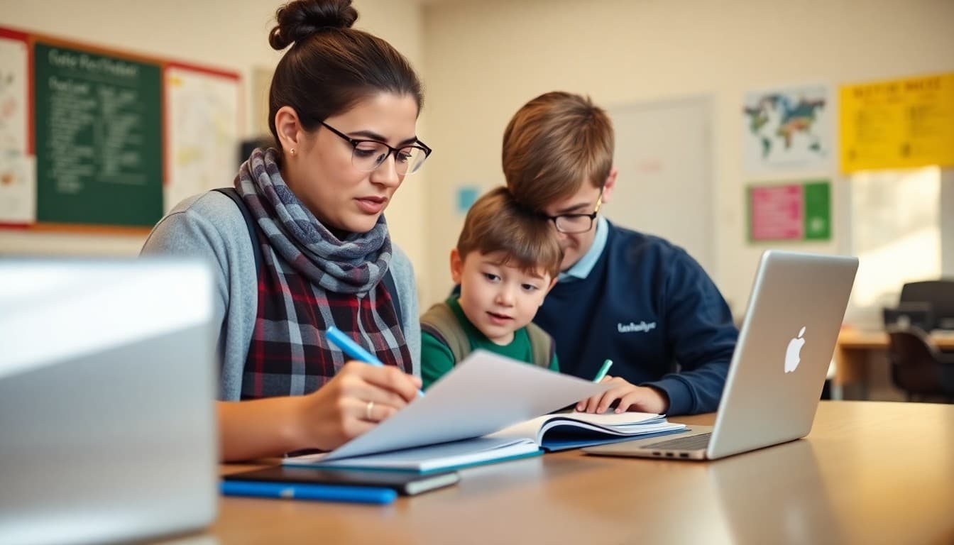 Parent and child completing enrollment registration paperwork at a school office desk