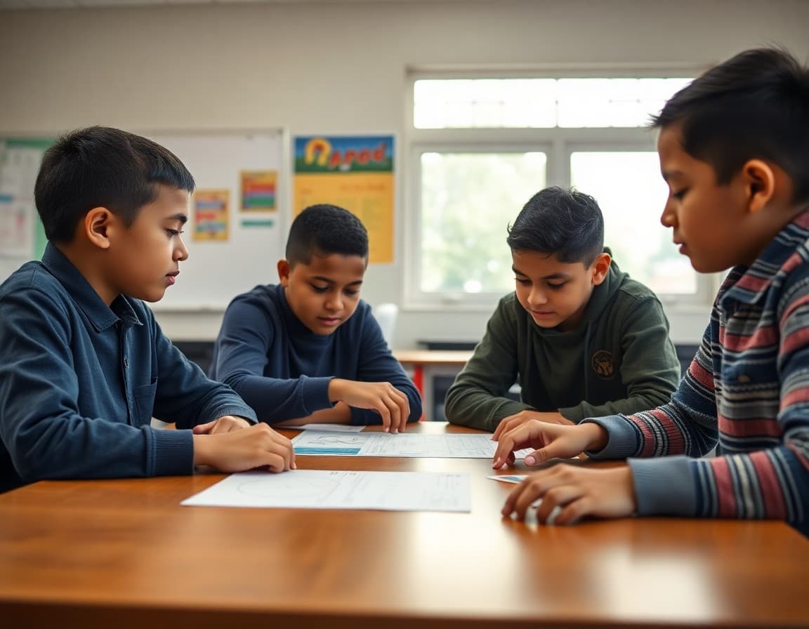 Students from diverse backgrounds working together at a classroom table on a project