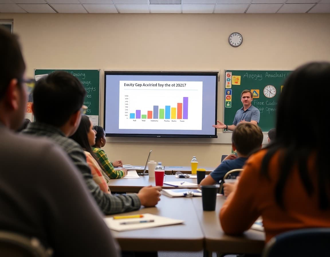 Superintendent presenting equity gap data on a slide at a community stakeholder meeting