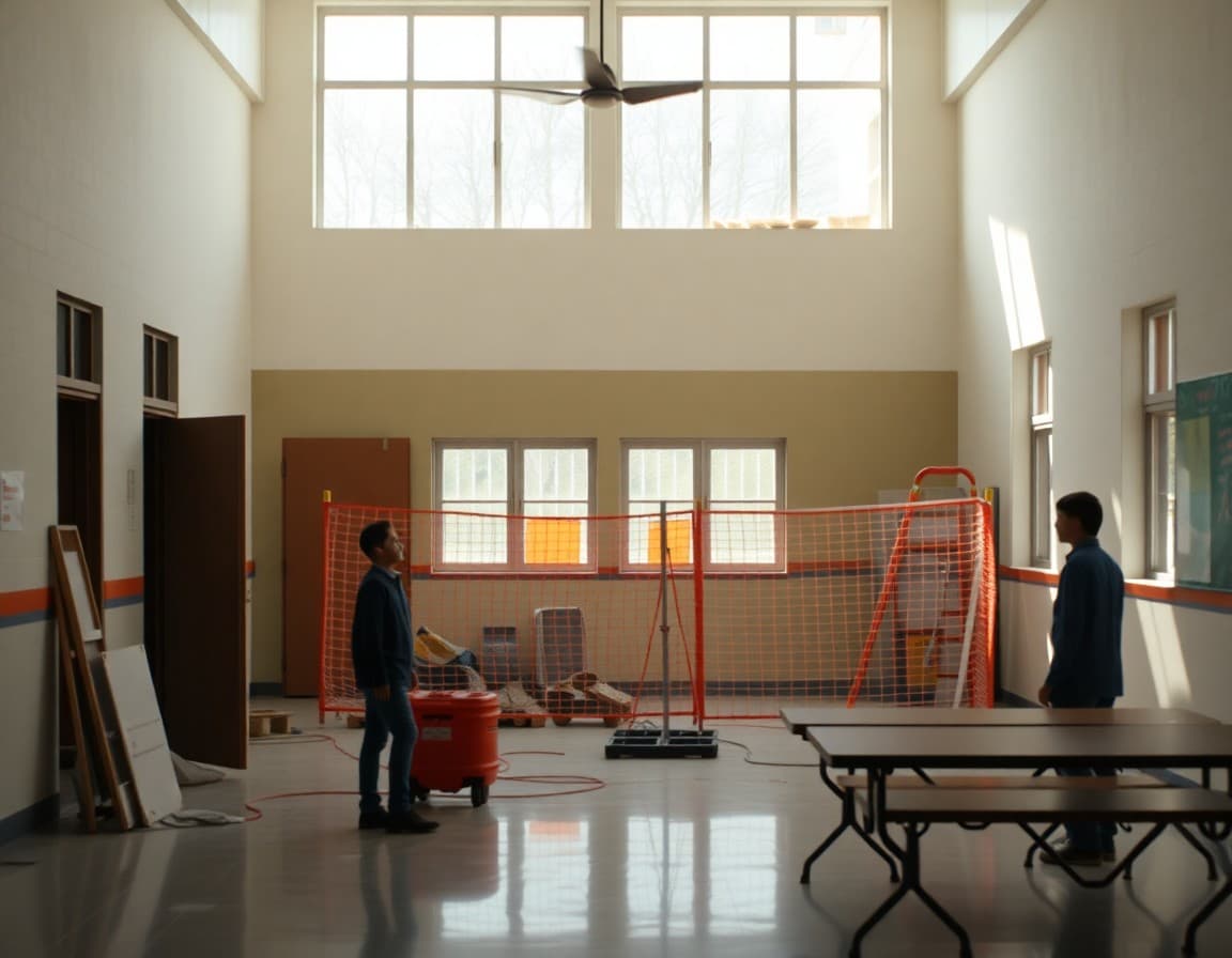 School building under renovation with construction equipment and safety fencing visible