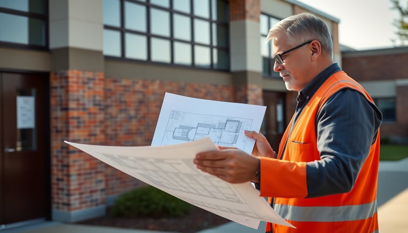 Architect and superintendent reviewing facility master plan blueprints outside a school building