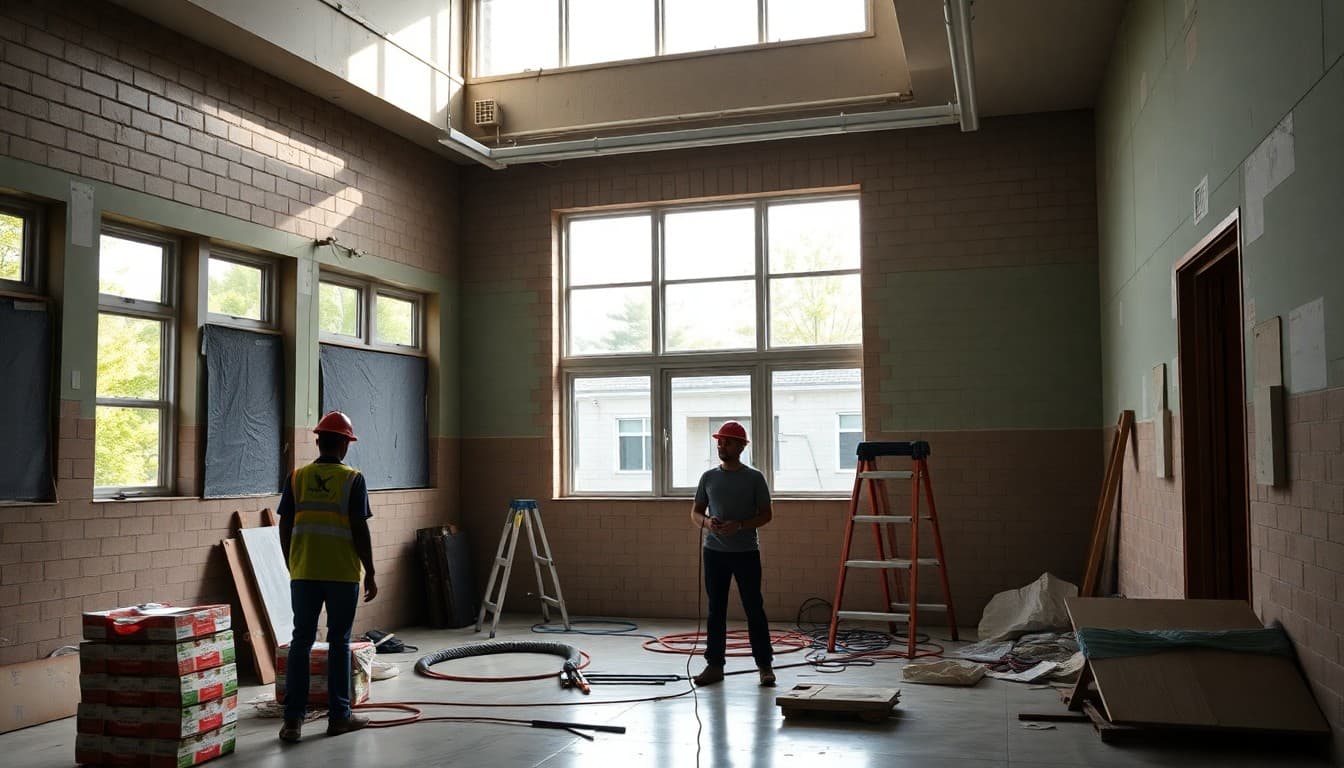 New school building renovation underway with construction workers and fresh exterior improvements visible