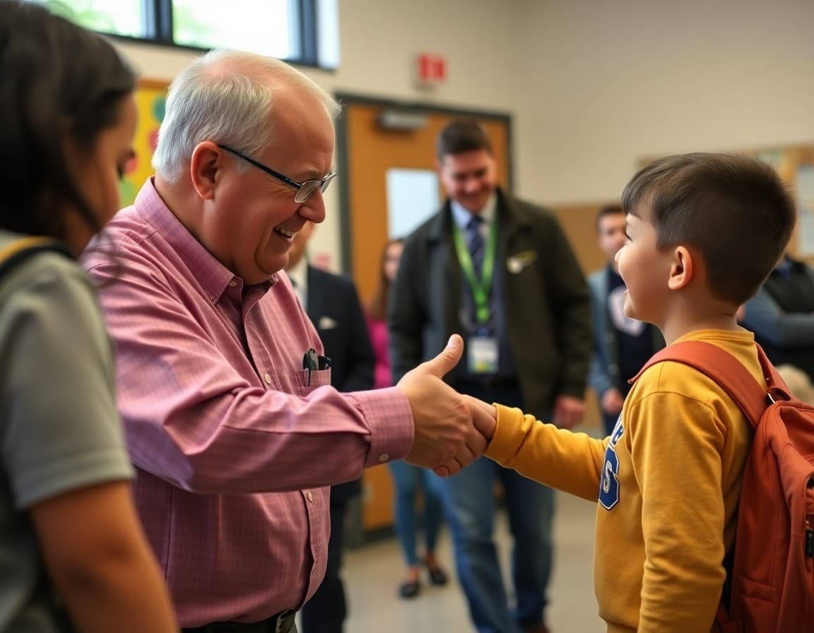 Superintendent shaking hands with a student during a first-day walkthrough at an elementary school