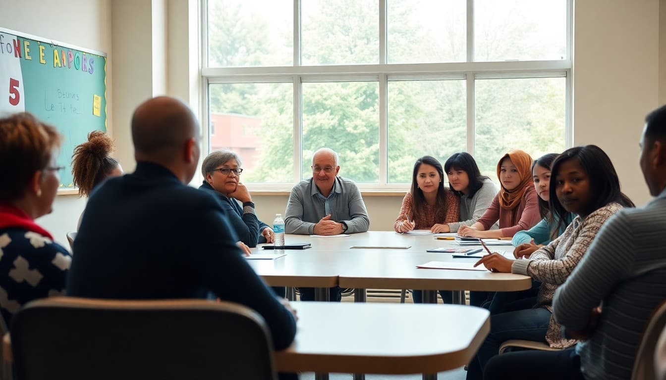 Diverse group of parents seated around a conference table with the superintendent at a district advisory meeting