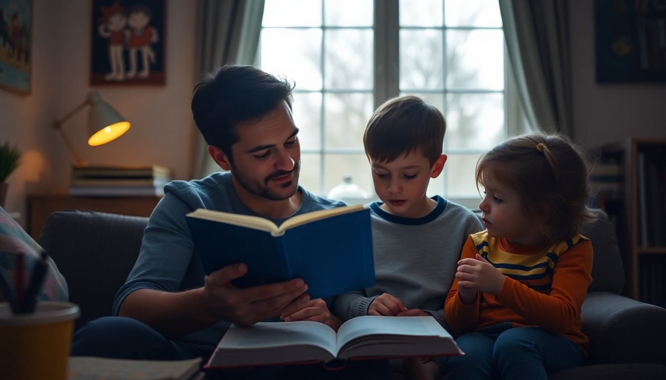Parent reading aloud with two young children at home in the evening