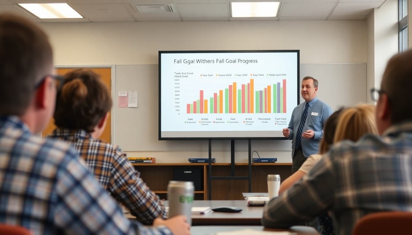 Superintendent presenting fall goal progress data on a screen at a community update meeting