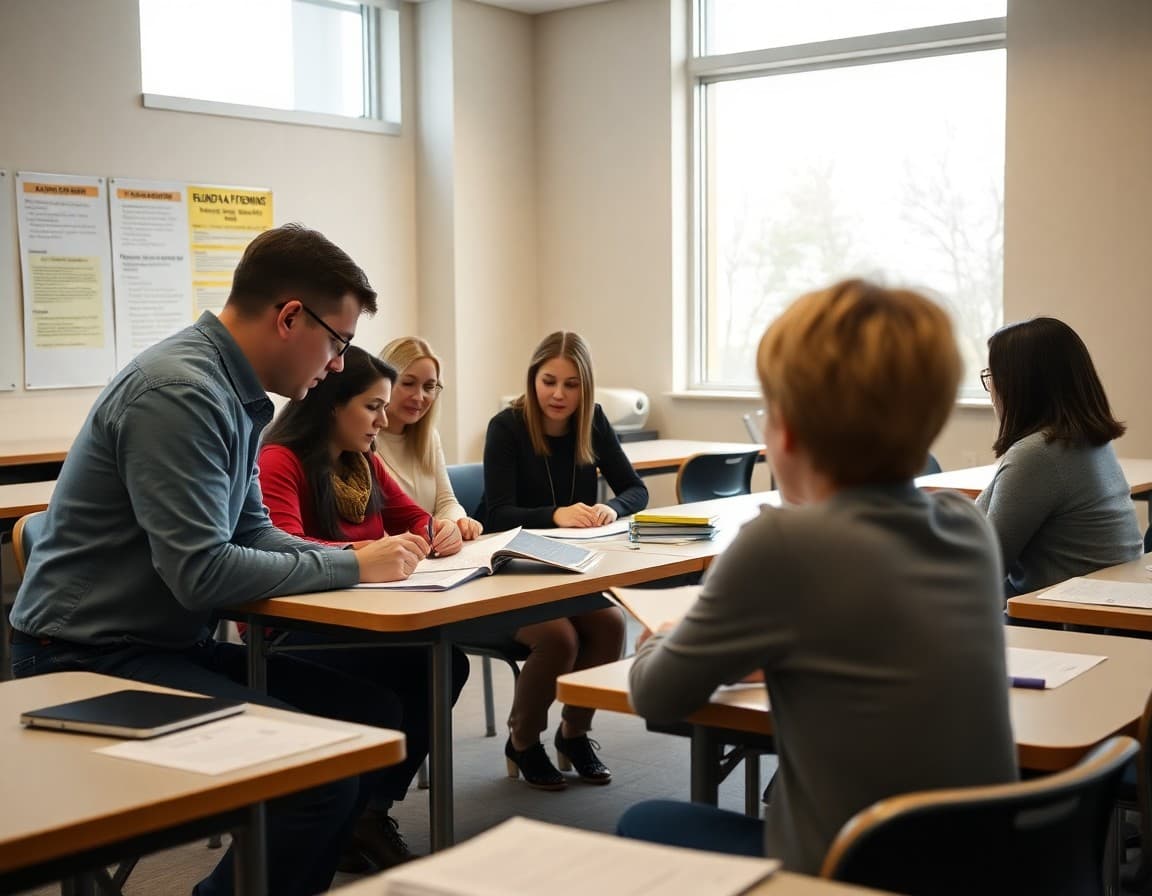 Teachers and administrators reviewing student benchmark assessment data on tables in a conference room