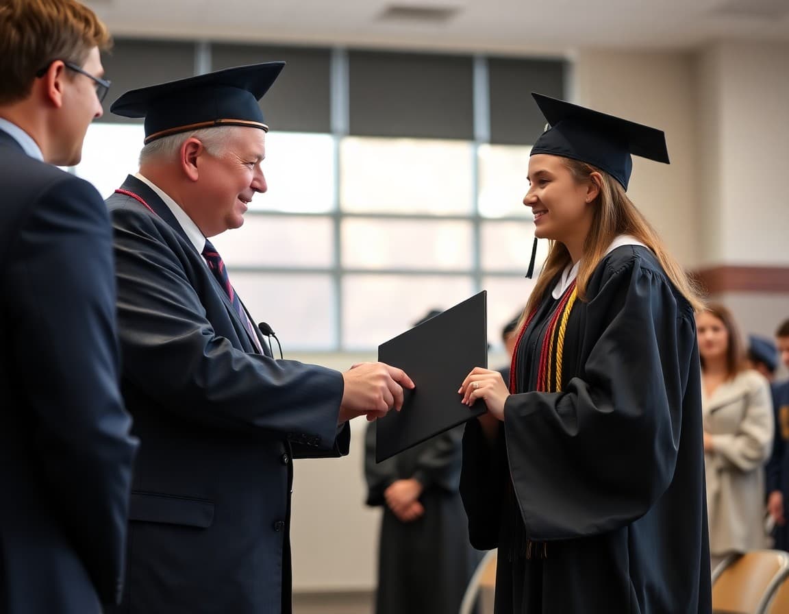 Superintendent handing a diploma to a graduate at a high school commencement ceremony