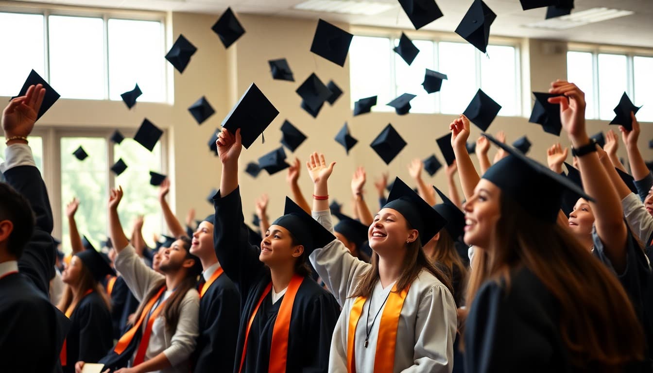 High school graduates throwing caps in the air at a district commencement ceremony