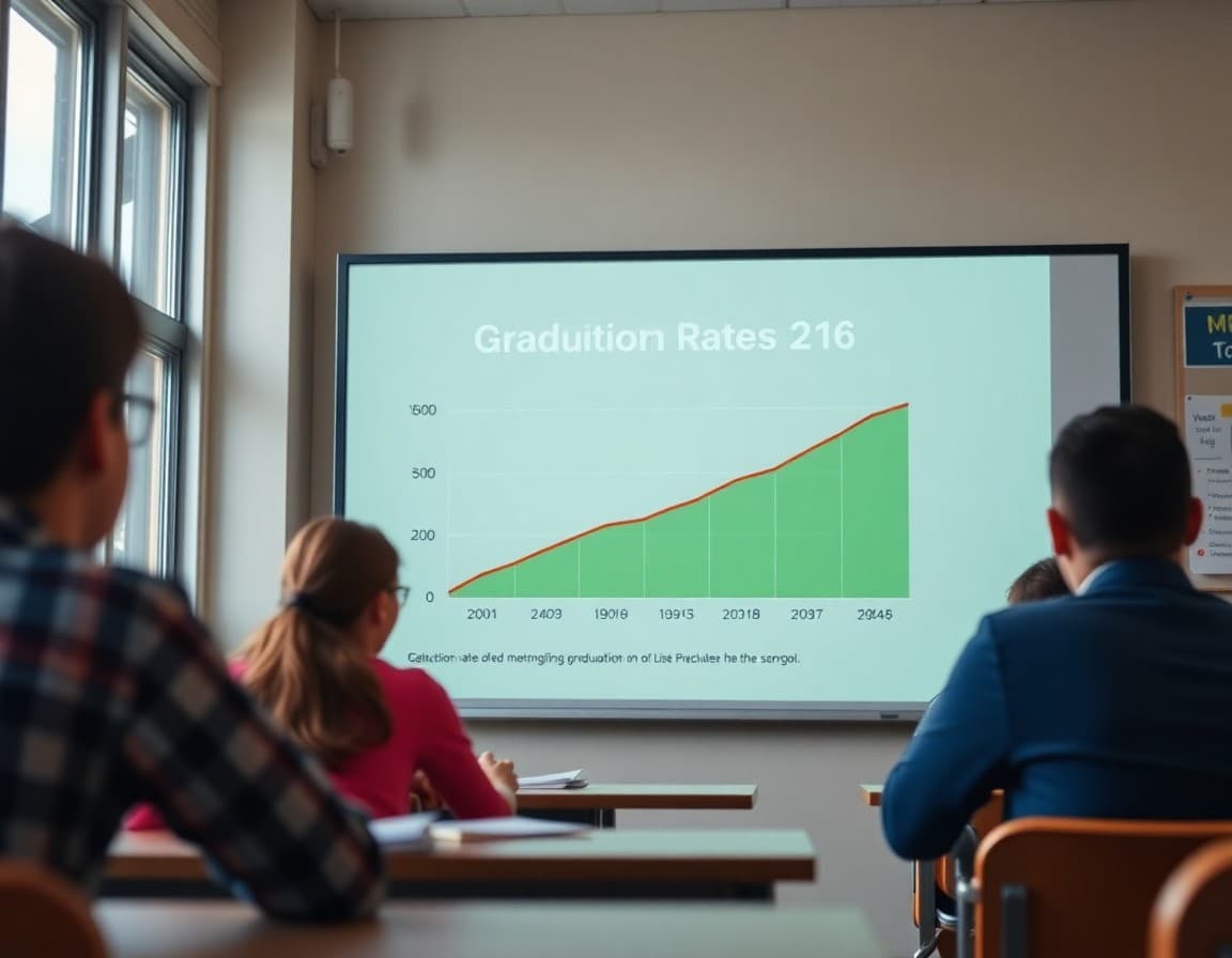Graduation rate chart showing improvement over three years on a school district presentation slide