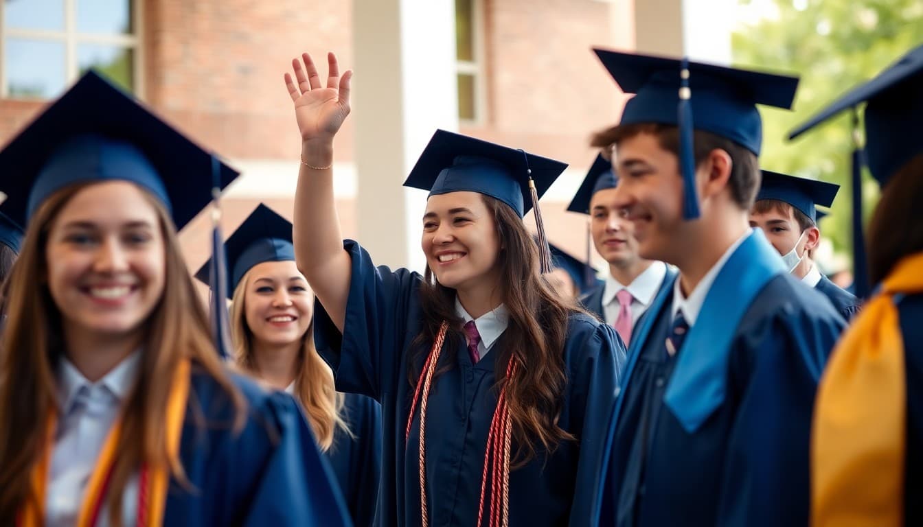 High school graduates in caps and gowns celebrating at a commencement ceremony outdoors