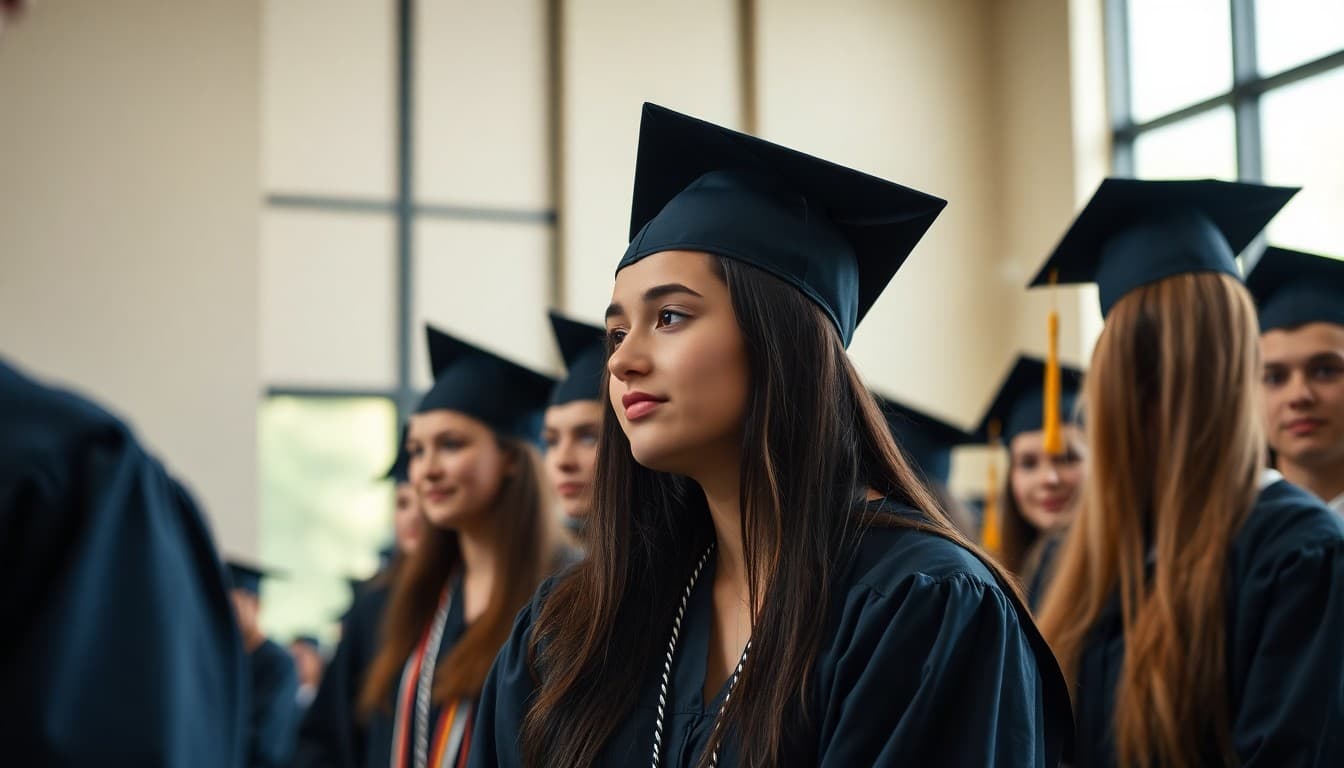 High school students in graduation caps and gowns at a district commencement ceremony