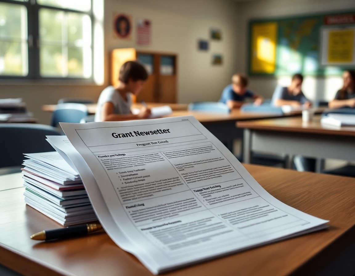 Grant award document on a desk with a school newsletter draft showing program funding details