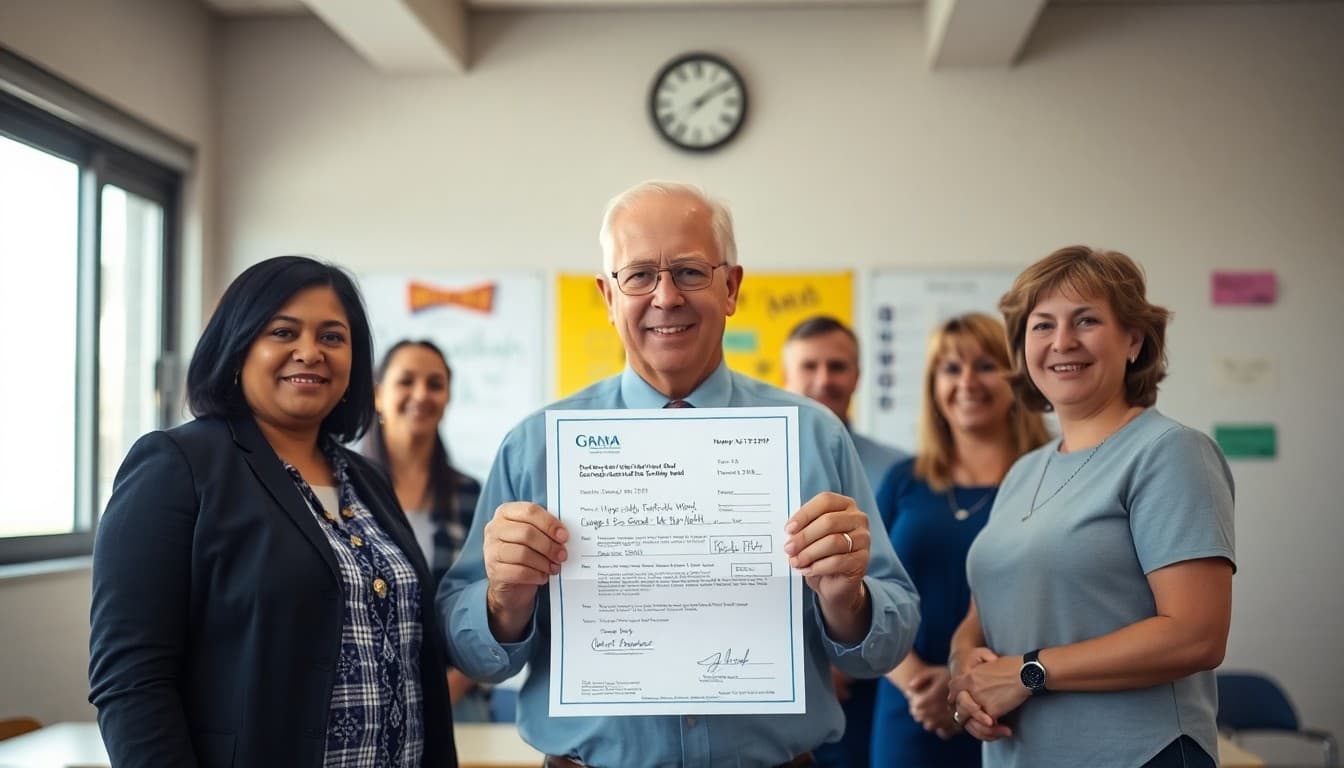 Superintendent holding a grant award letter with district staff and community members present