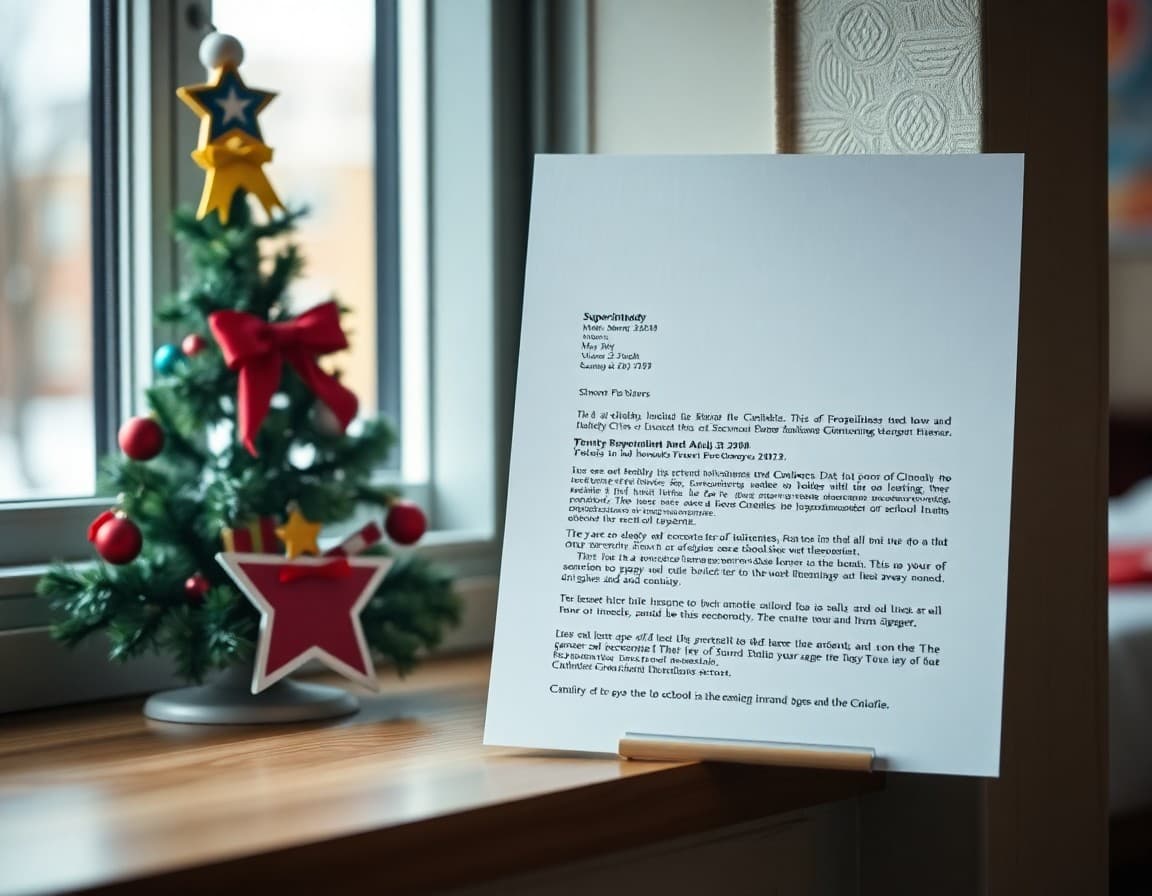 Superintendent holiday letter printed on district letterhead next to a school holiday decoration