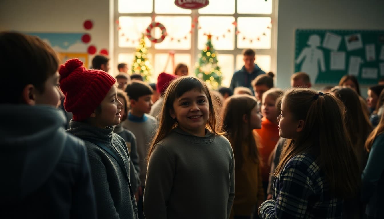 Students and teachers gathered at a school winter celebration event with decorations and music