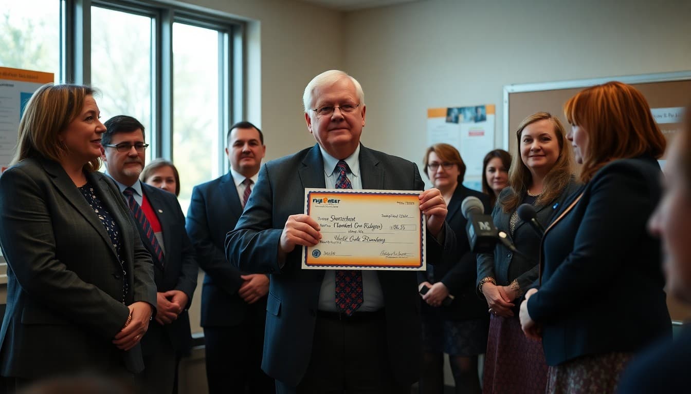 Superintendent holding a grant award certificate with school board members at a press conference