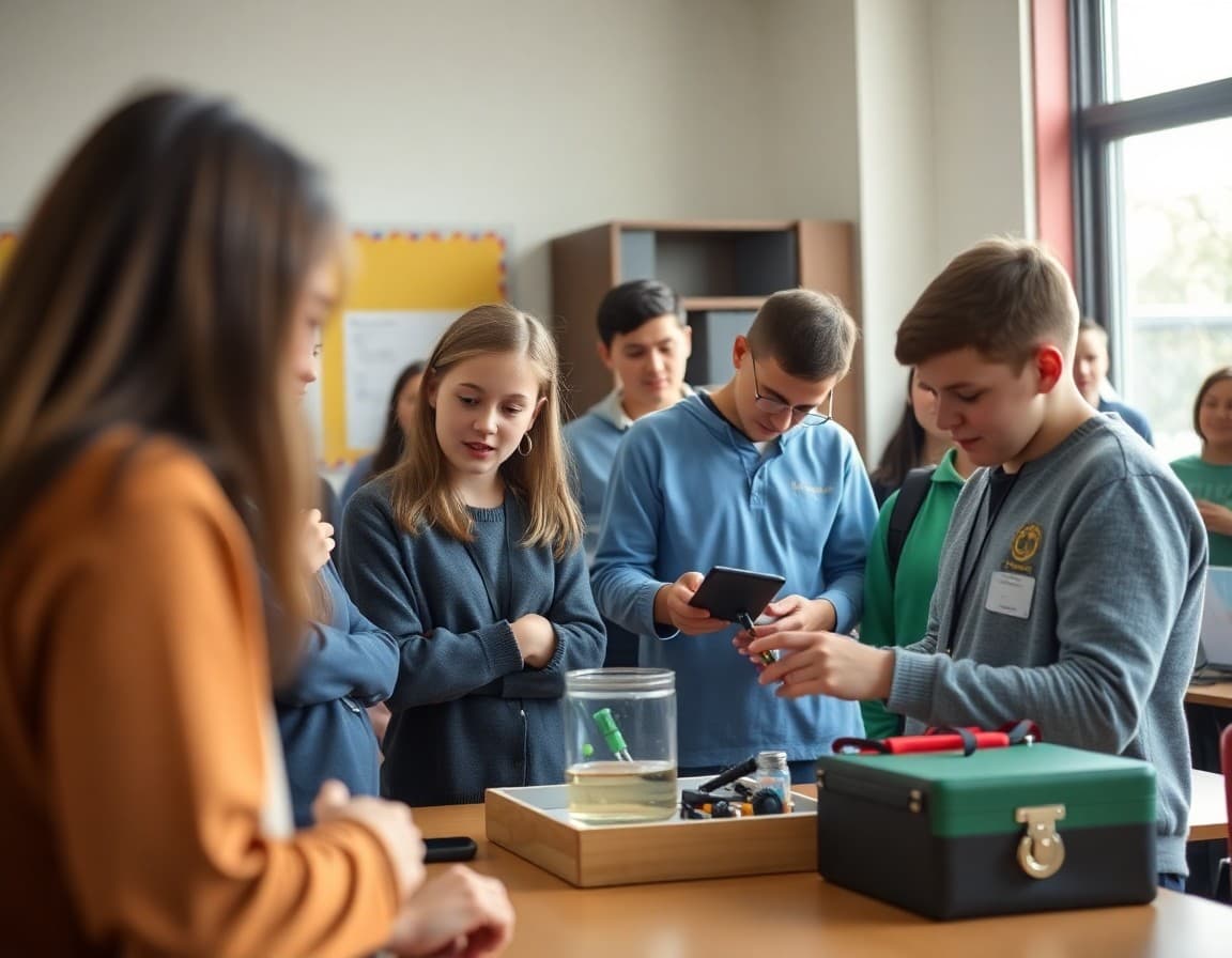 Teacher and students demonstrating a science and technology project to district visitors