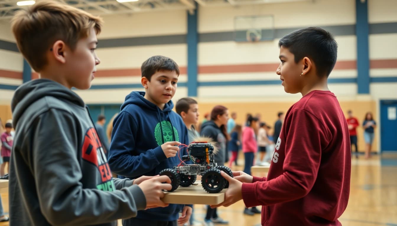 Students presenting a robotics project at a district innovation showcase event in a school gymnasium