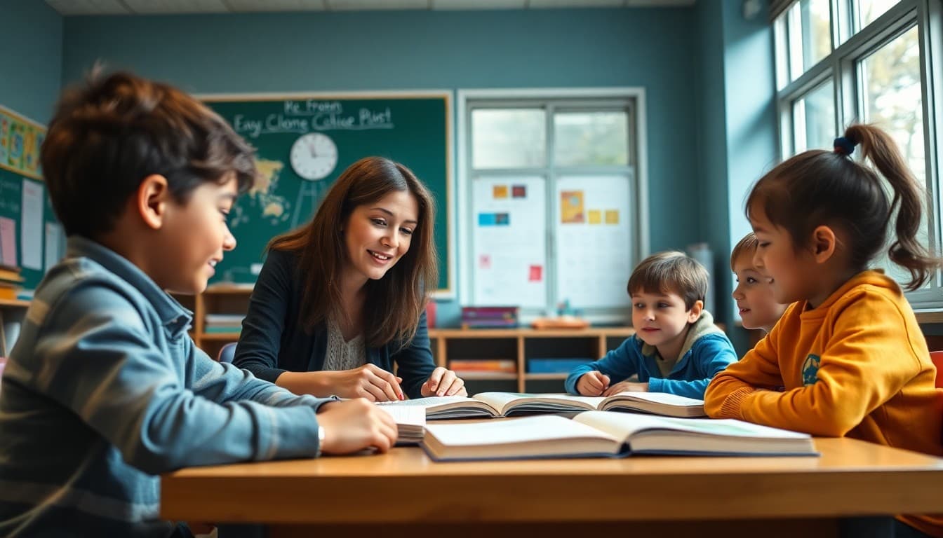 Teacher facilitating a small-group reading lesson with engaged students at a classroom table