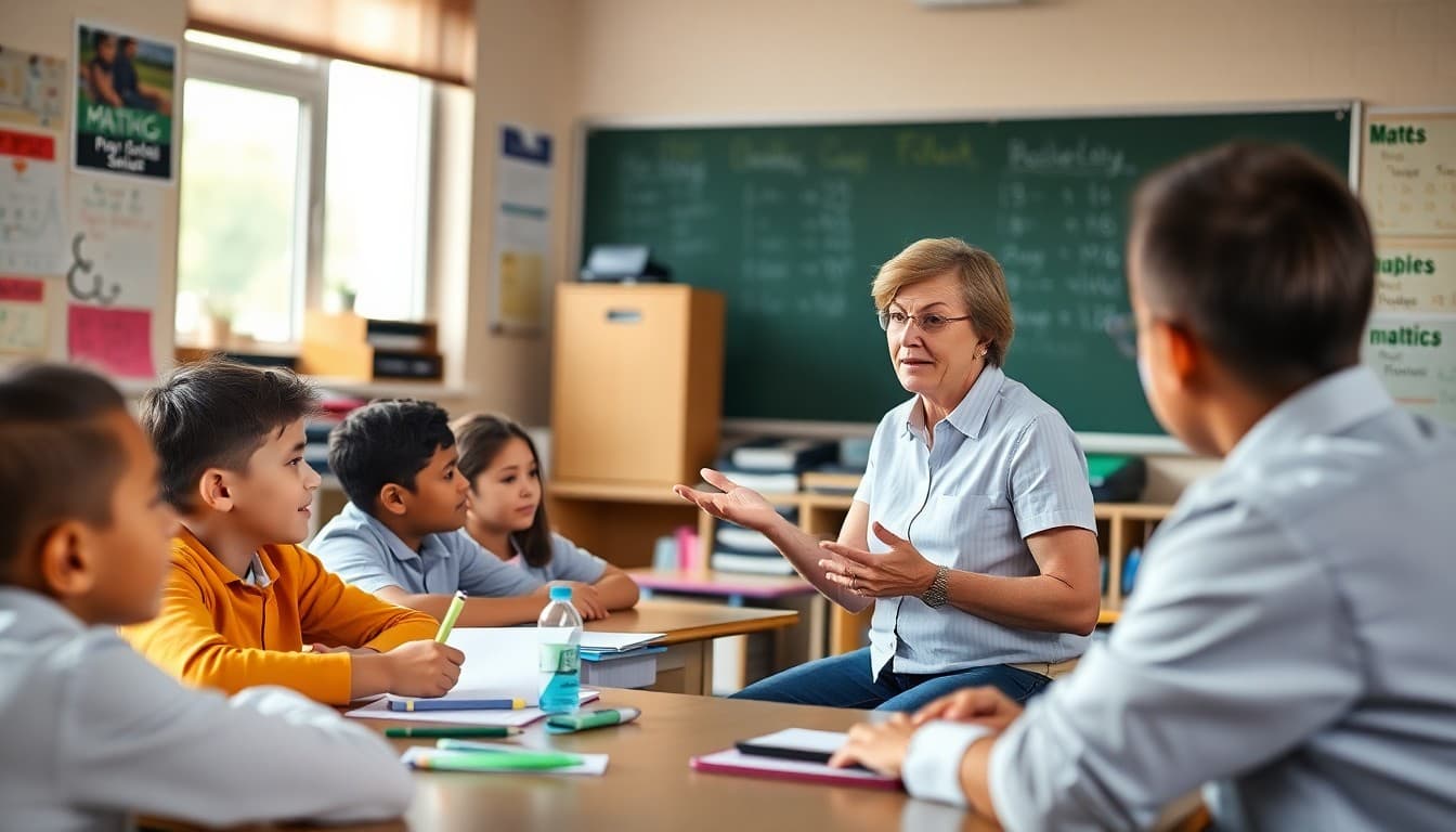Teacher actively teaching a math lesson to engaged students in a well-organized classroom