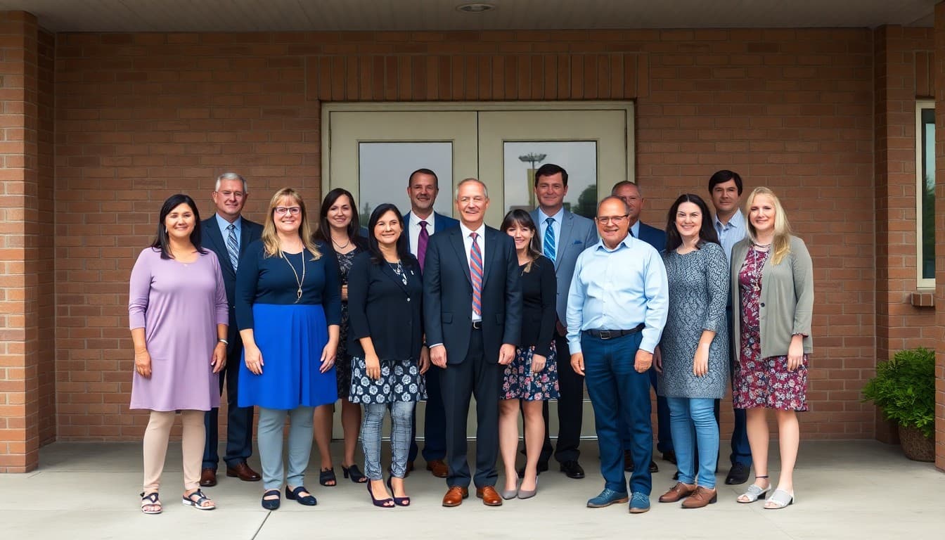 District leadership team gathered for a photo outside the district office building