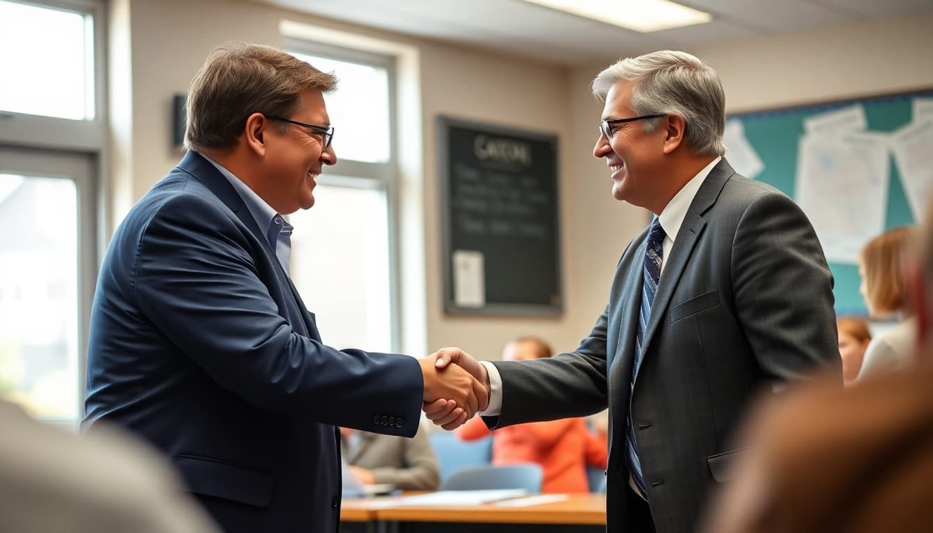 Outgoing and incoming district leader shaking hands at a school board meeting transition ceremony