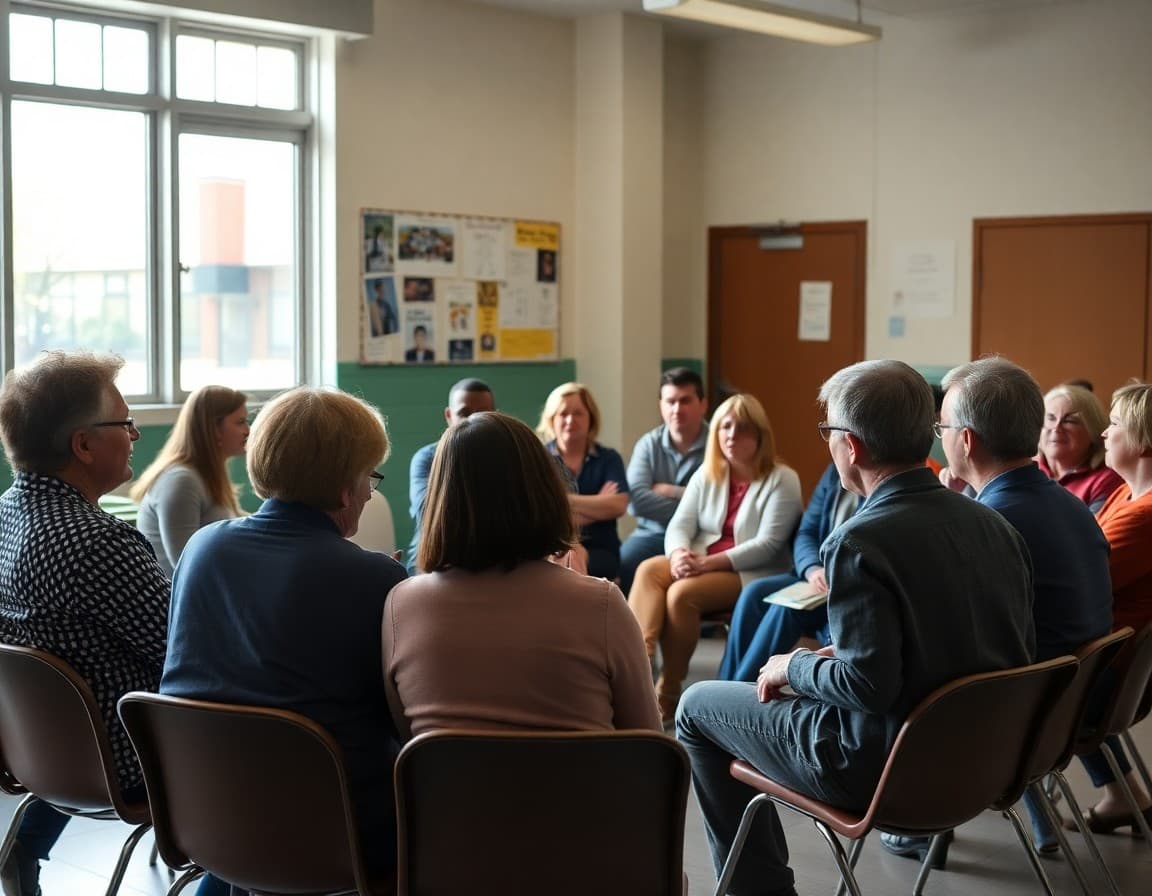 Community members seated in a circle sharing feedback at a district listening session event