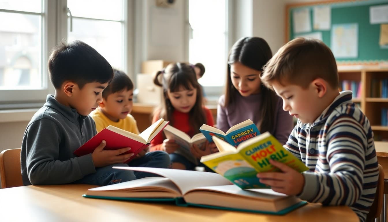 Students reading books in small groups with a teacher during a structured literacy program lesson